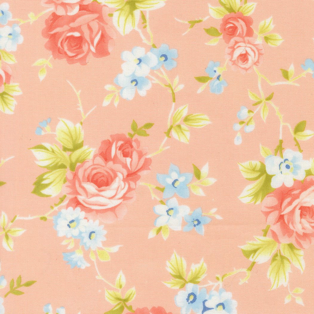 Rosie Country Rose fabric with pink roses and blue flowers on peach background by Joanna Figueroa for Moda Fabrics