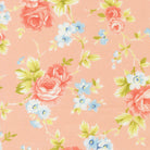 Rosie Country Rose fabric with pink roses and blue flowers on peach background by Joanna Figueroa for Moda Fabrics