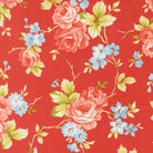 Rosie Country Rose fabric with pink roses and blue flowers on strawberry red background by Joanna Figueroa