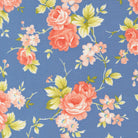 Rosie Country Rose Blueberry floral fabric with pink roses and green leaves on blue background by Joanna Figueroa