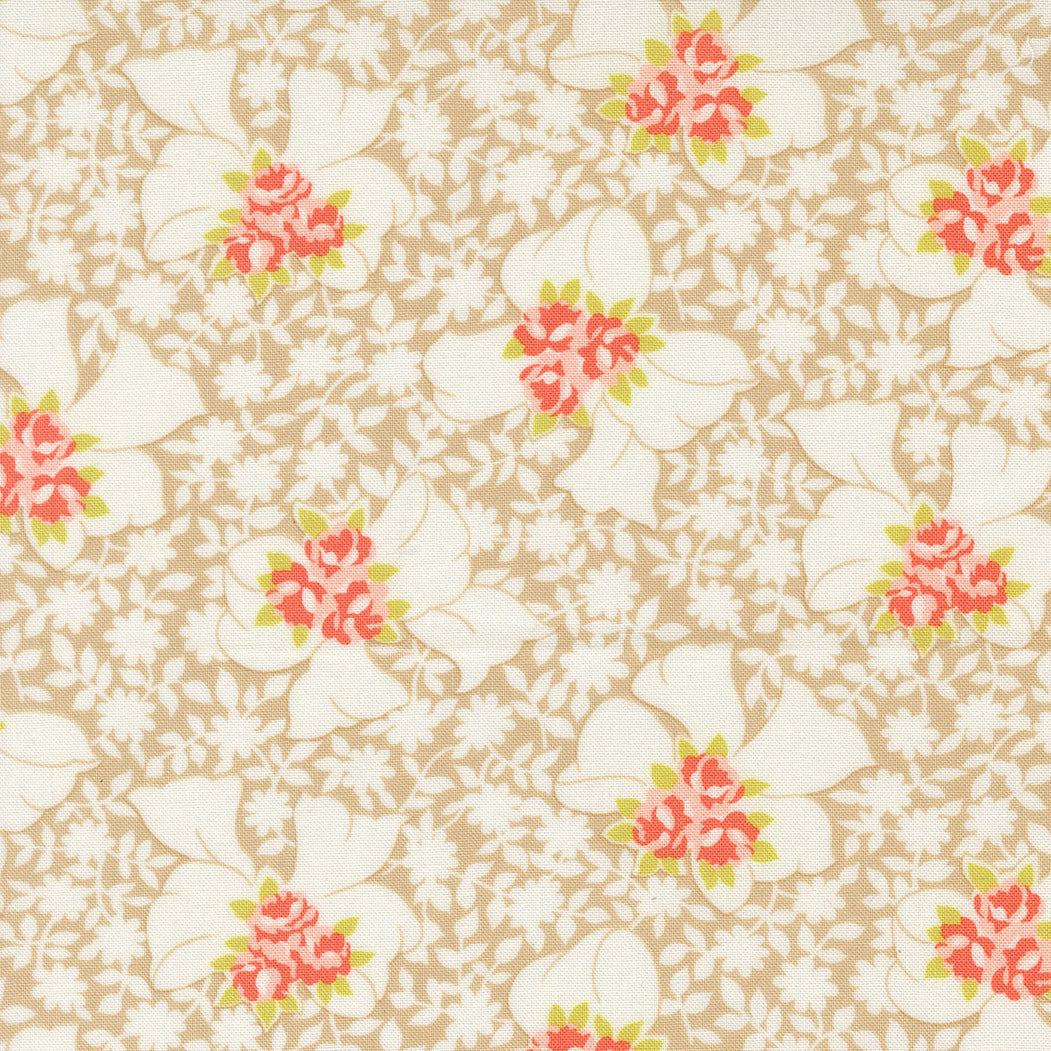 Floral fabric pattern in beige with white and pink flowers from Rosie Nanas Apron collection by Joanna Figueroa