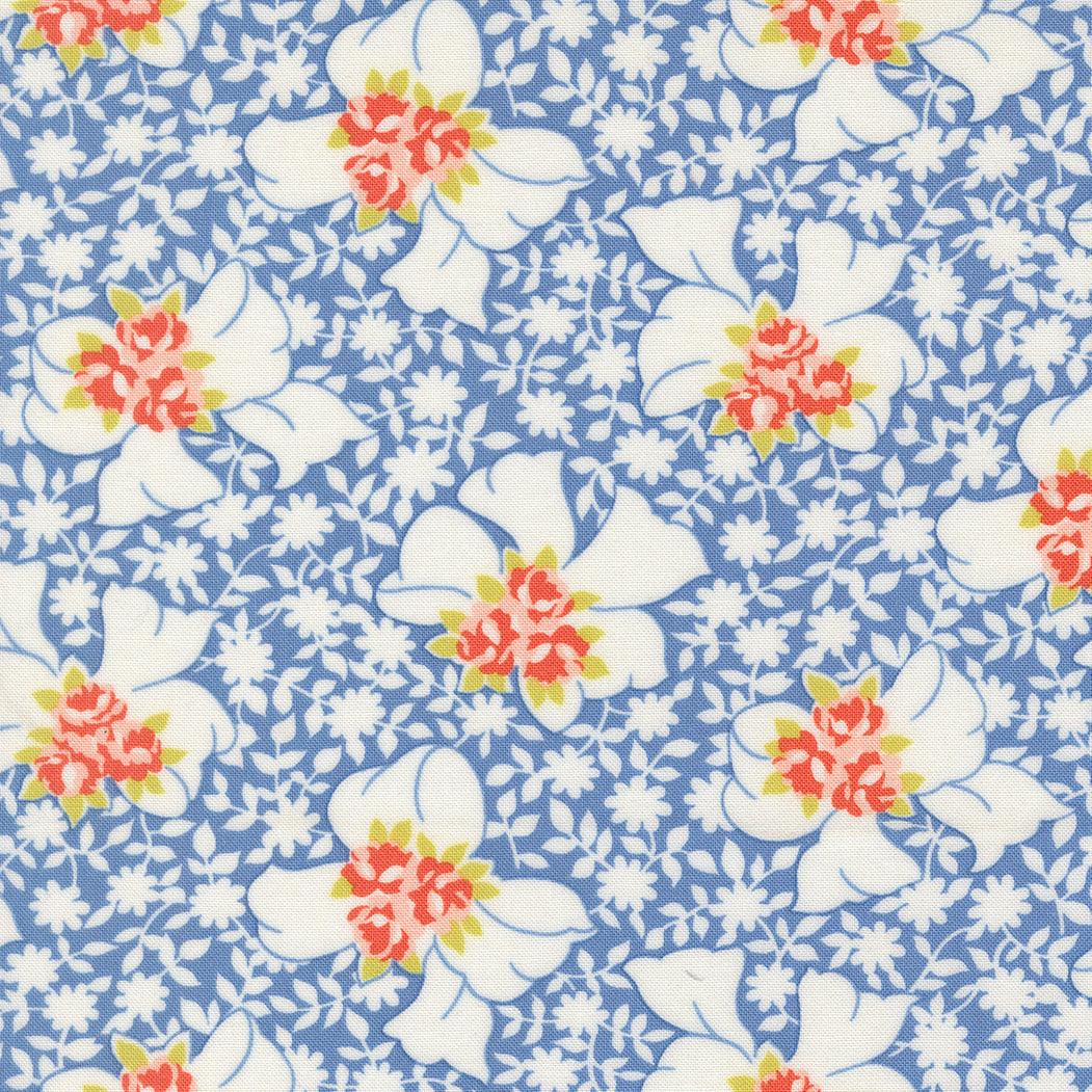 Blueberry fabric with white and red floral pattern for Rosie Nanas Apron by Joanna Figueroa