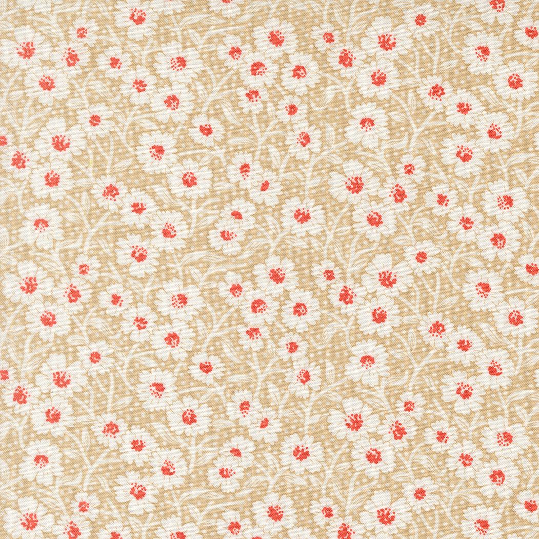 Rosie Picnic Bloom fabric by Joanna Figueroa featuring small white flowers with red centers on a beige background