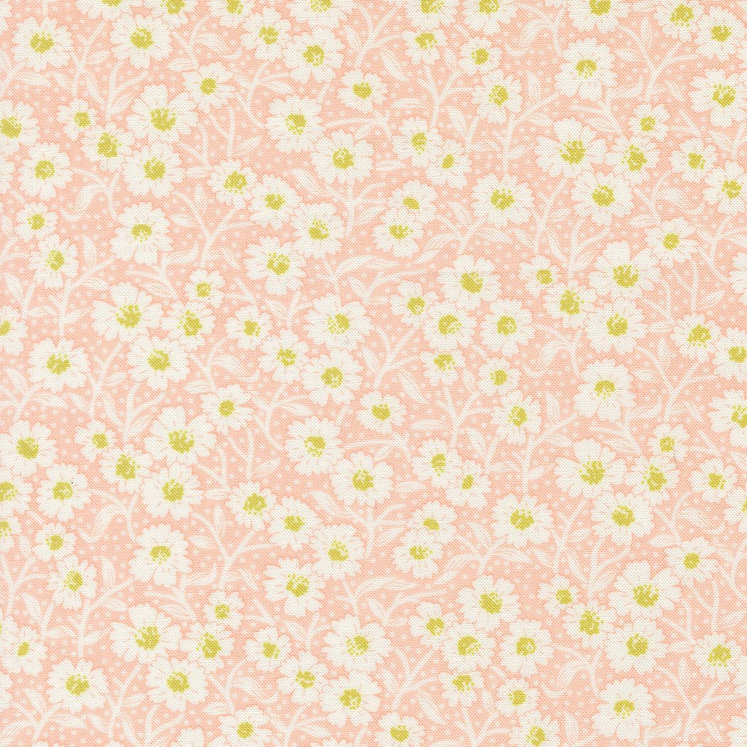 Rosie Picnic Bloom Rose fabric with white daisy floral pattern on peach background by Joanna Figueroa for Moda Fabrics