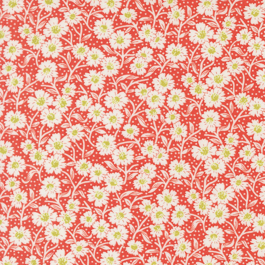 Rosie Picnic Bloom strawberry fabric with white floral pattern on red background by Joanna Figueroa for Moda Fabrics