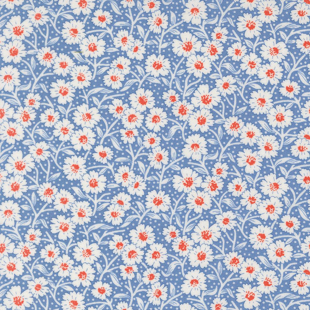 Rosie Picnic Bloom fabric with white and red flowers on blueberry blue background by Joanna Figueroa for Moda Fabrics
