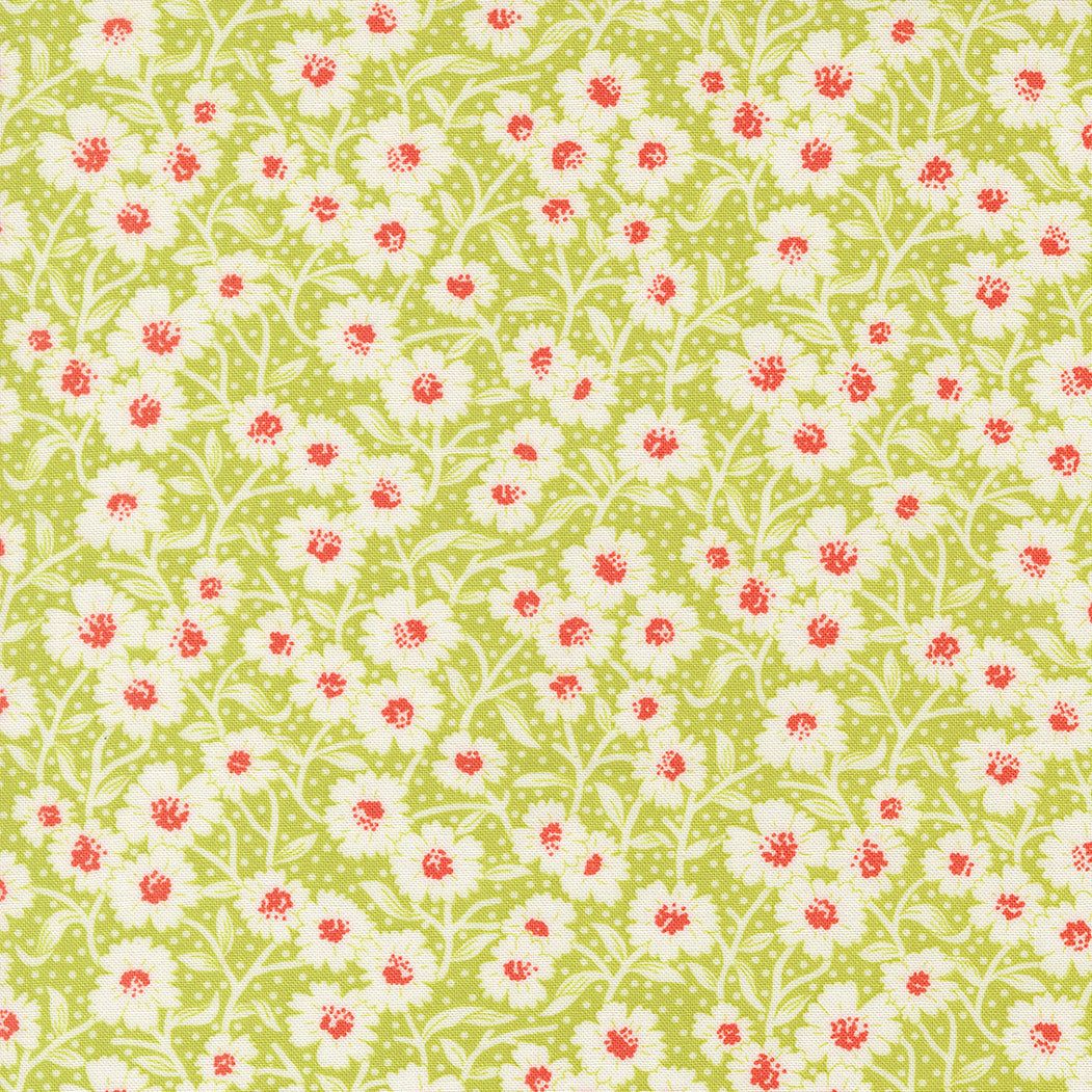 Rosie Picnic Bloom Apple fabric by Joanna Figueroa with small white and red flowers on green background