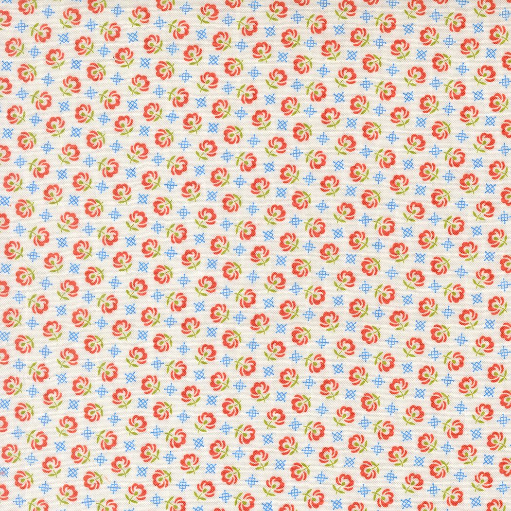 Rosie Prairie Toss Blender fabric by Joanna Figueroa with small red and blue floral print on whipped cream background