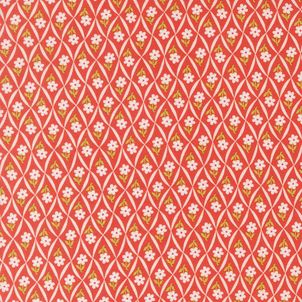 Rosie Climbing Daisy Blender strawberry fabric with white daisies on red background by Joanna Figueroa for Moda Fabrics
