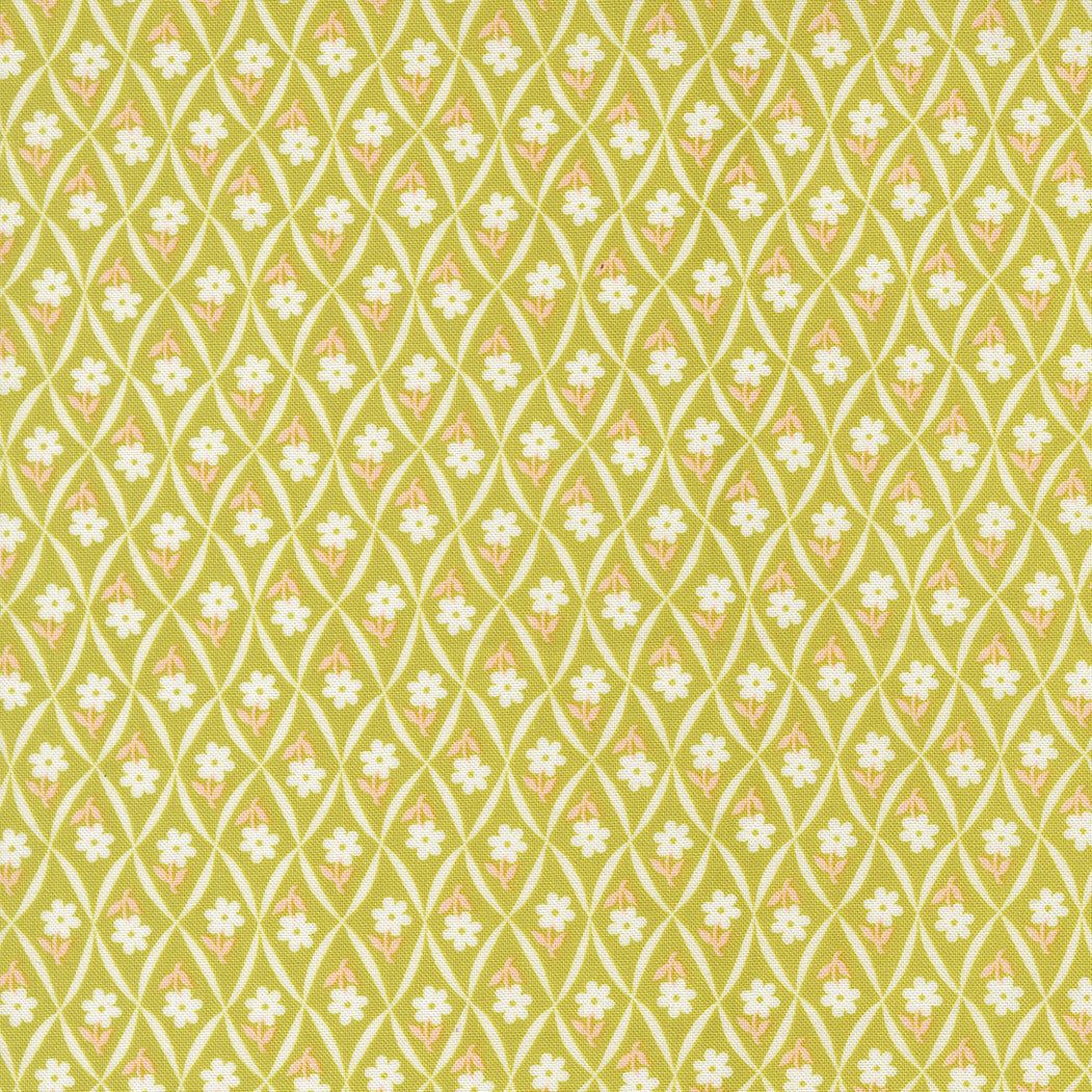 Rosie Climbing Daisy fabric in apple green with small white daisies and vine pattern by Joanna Figueroa for Moda Fabrics