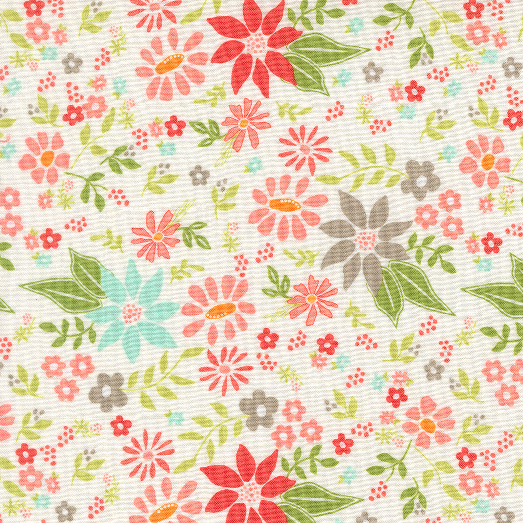 Poinsettia & Pear floral fabric with poinsettias, pears, stripes, and gingham in red, green, pink, and grey by Sherri & Chelsi for Moda Fabrics