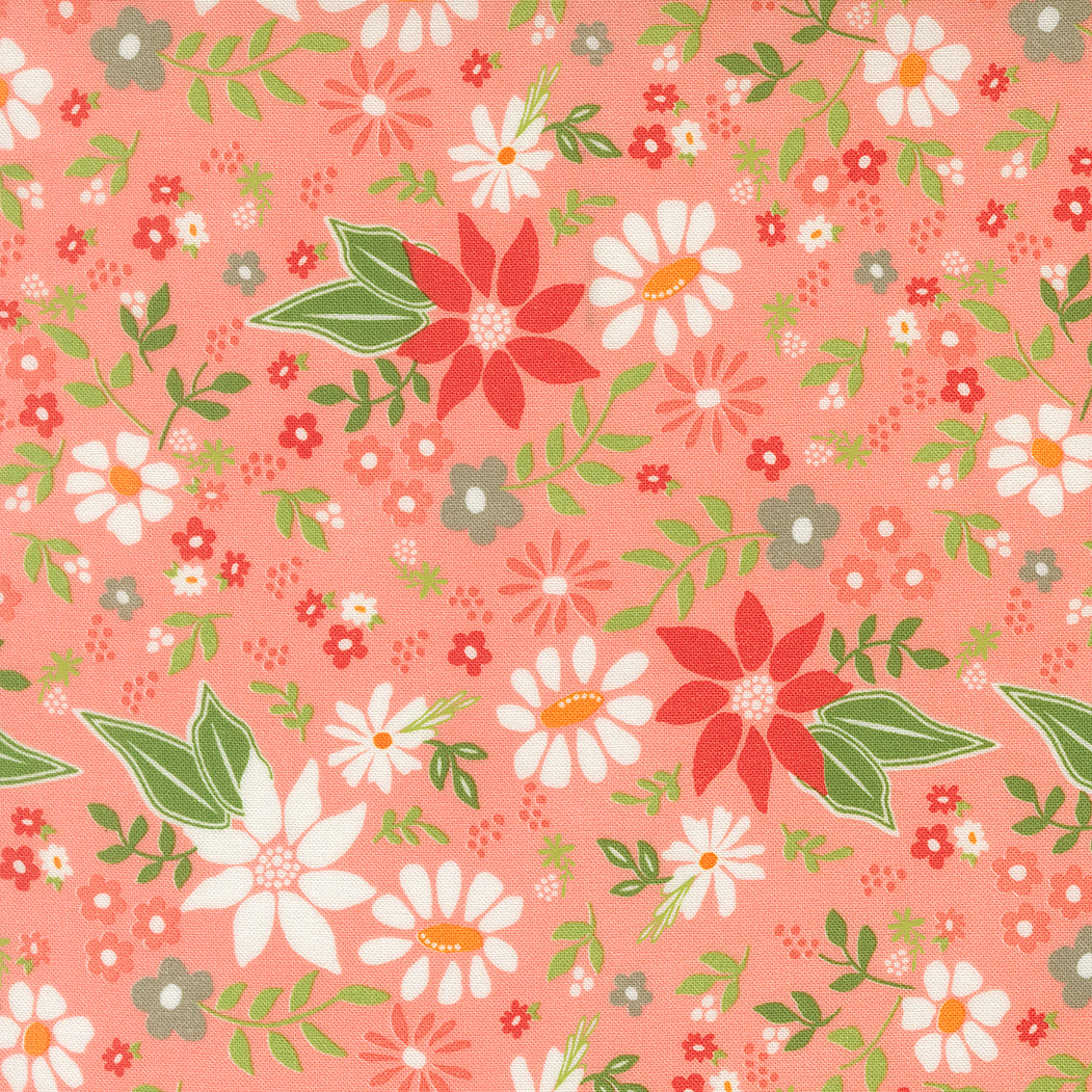 Poinsettia & Pear floral fabric by Sherri & Chelsi featuring poinsettias, pears, and seasonal patterns in red, green, pink, and grey.