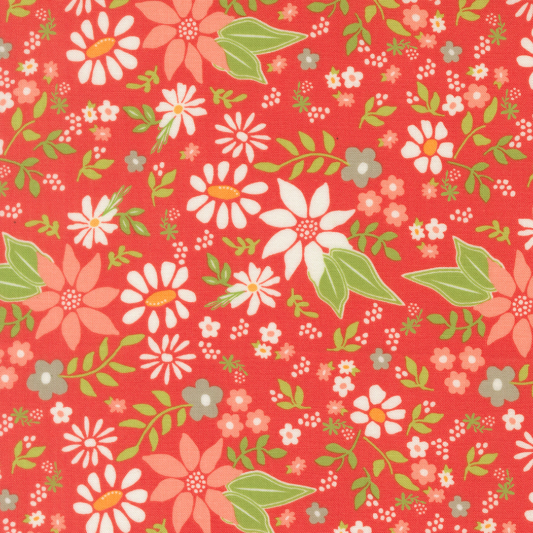 Poinsettia & Pear floral fabric by Sherri & Chelsi for Moda Fabrics with red poinsettias and pears pattern
