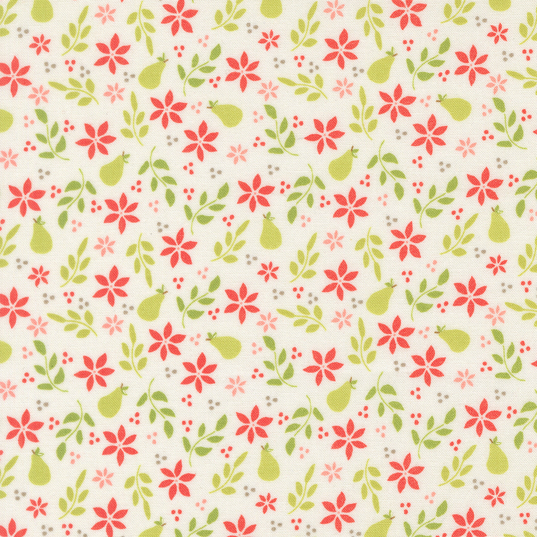 Poinsettia & Pear floral fabric with poinsettias, pears, and festive patterns in red, green, pink, and grey by Sherri & Chelsi for Moda Fabrics