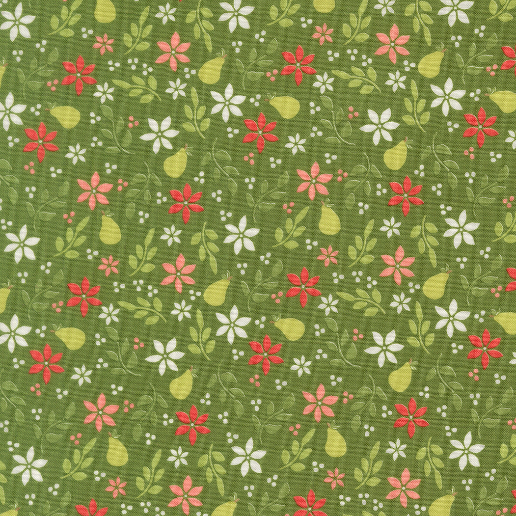 Poinsettia & Pear floral evergreen fabric in red, green, and grey by Sherri & Chelsi for Moda Fabrics