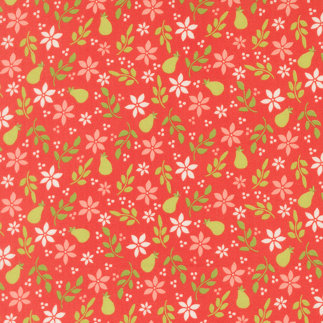 Poinsettia & Pear Floral Geranium fabric by Sherri & Chelsi for Moda Fabrics with red, green, pink, and grey floral and holiday prints