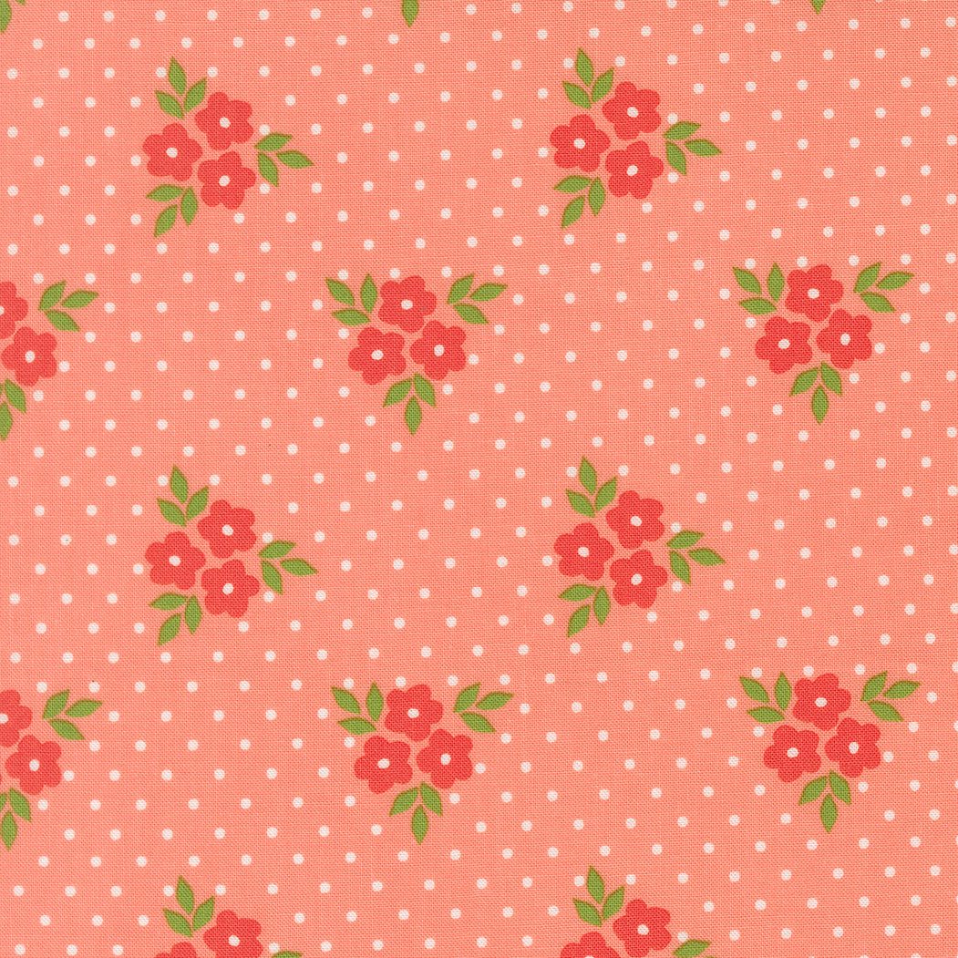 Poinsettia & Pear Bouquet fabric with floral and holiday-themed prints in red, green, pink, and grey by Sherri & Chelsi for Moda Fabrics