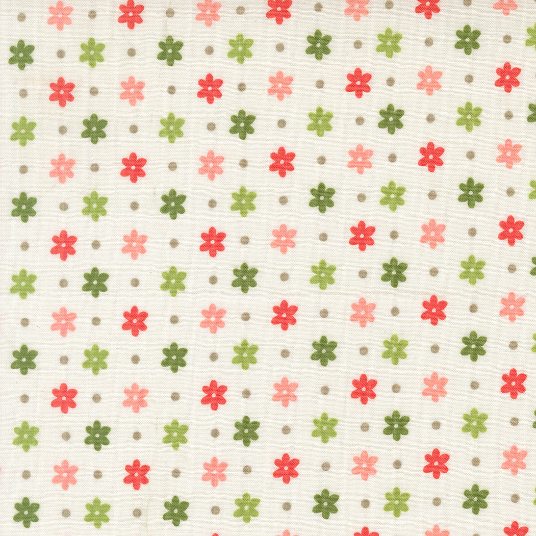 Poinsettia & Pear fabric with poinsettias, pears, dots, stripes, and gingham in red, green, pink, and grey by Sherri & Chelsi for Moda Fabrics