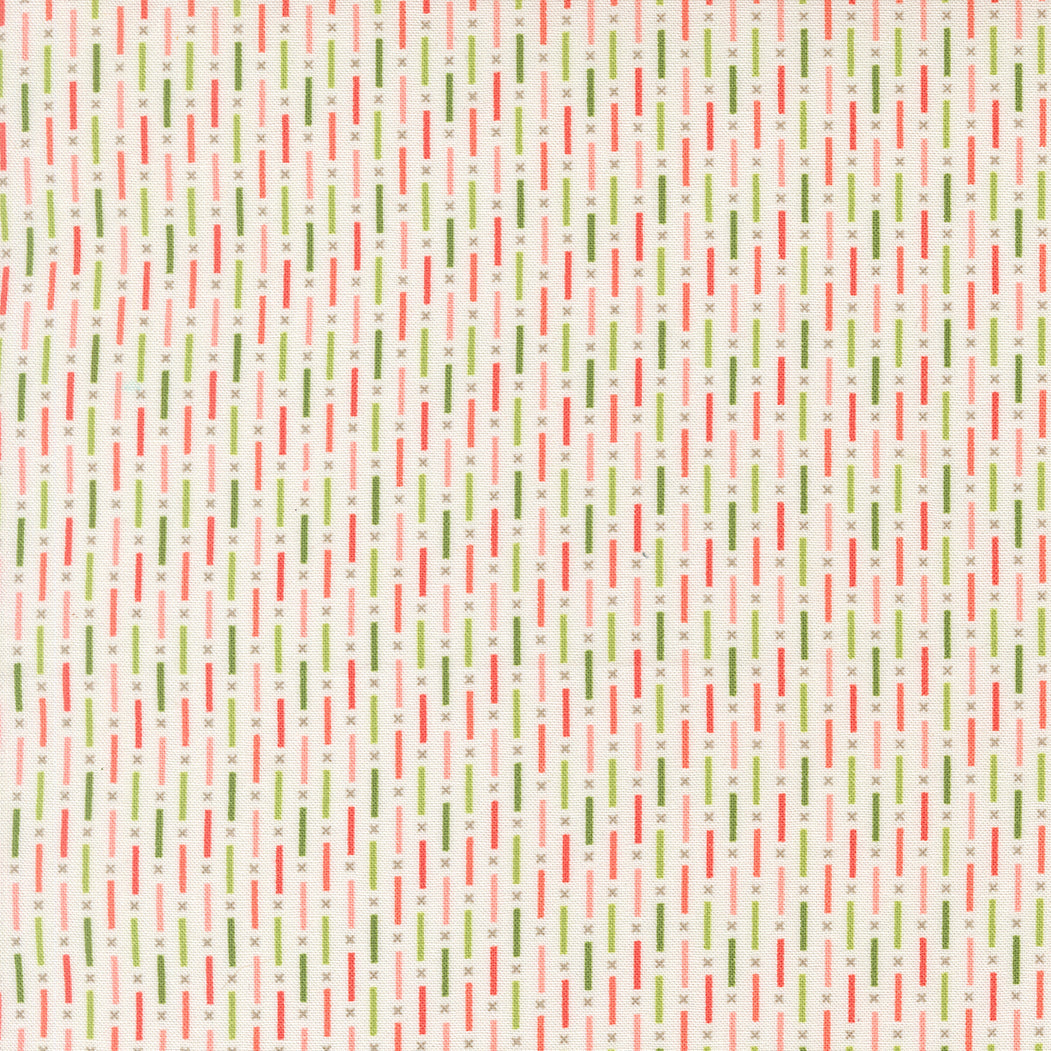 Poinsettia & Pear Candy Stripe Cloud fabric by Sherri & Chelsi with red poinsettias and pears on a striped background