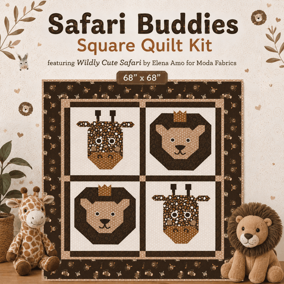Safari Buddies Square Quilt Kit featuring Wildly Cute Safari fabric by Elena Amo, 68x68 inch quilt top pre-order