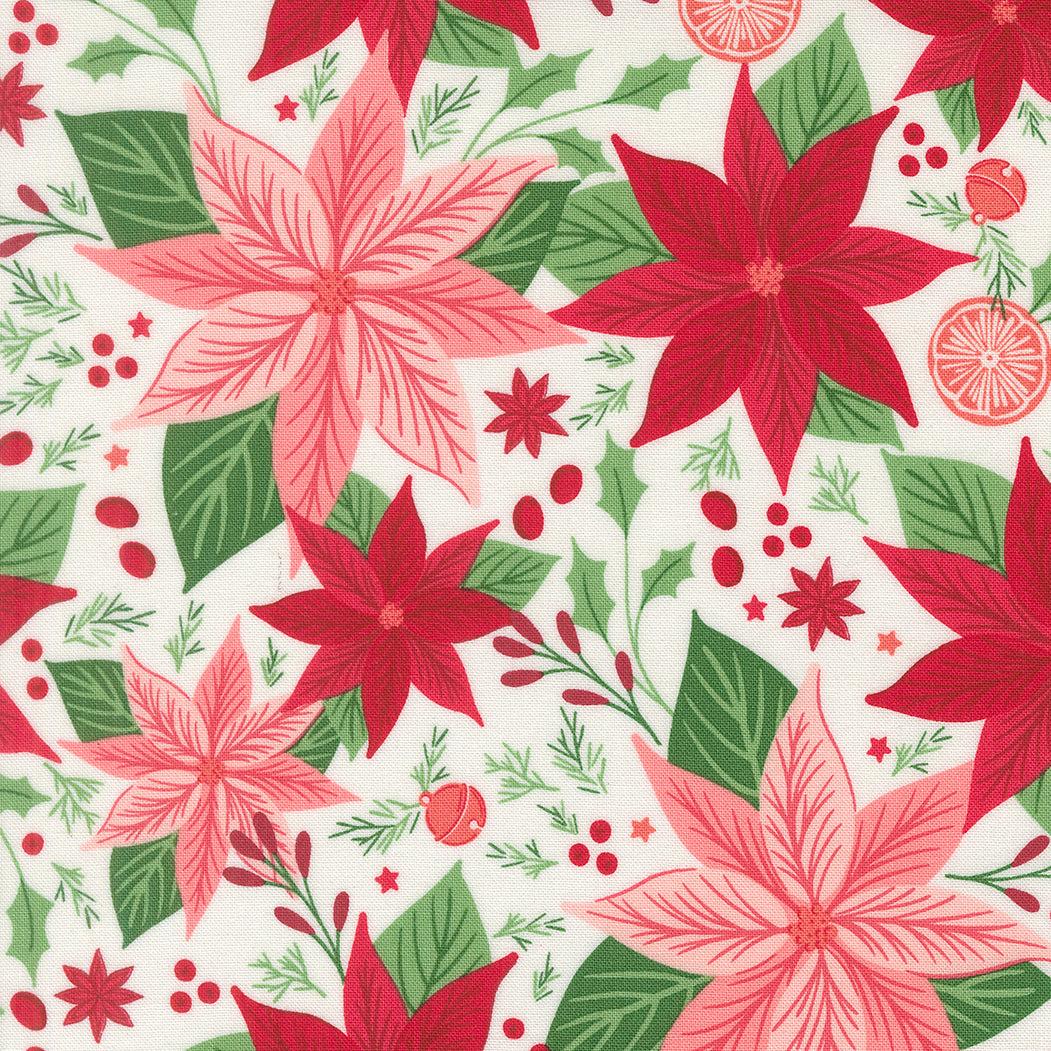 Sweetfire Road Merrily On High Christmas fabric with poinsettias, gingerbread, candy canes, holly, and snowflakes