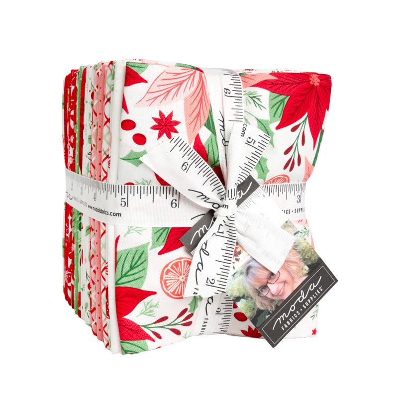 Sweetfire Road Merrily On High Christmas fabric bundle with gingerbread, candy canes, poinsettias, holly, and snowflakes by Moda Fabrics