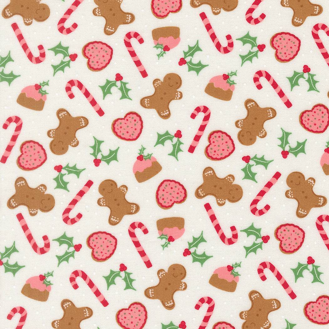 Sweetfire Road Merrily On High Christmas fabric with gingerbread, candy canes, poinsettias, holly, and snowflakes by Moda Fabrics