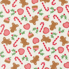 Sweetfire Road Merrily On High Christmas fabric with gingerbread, candy canes, poinsettias, holly, and snowflakes by Moda Fabrics