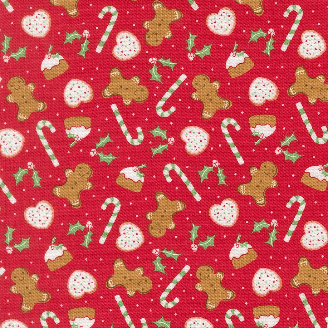 Sweetfire Road Merrily On High Christmas fabric with gingerbread, candy canes, poinsettias, holly, and snowflakes by Moda Fabrics sold in half-yard increments