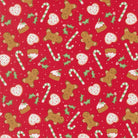 Sweetfire Road Merrily On High Christmas fabric with gingerbread, candy canes, poinsettias, holly, and snowflakes by Moda Fabrics sold in half-yard increments
