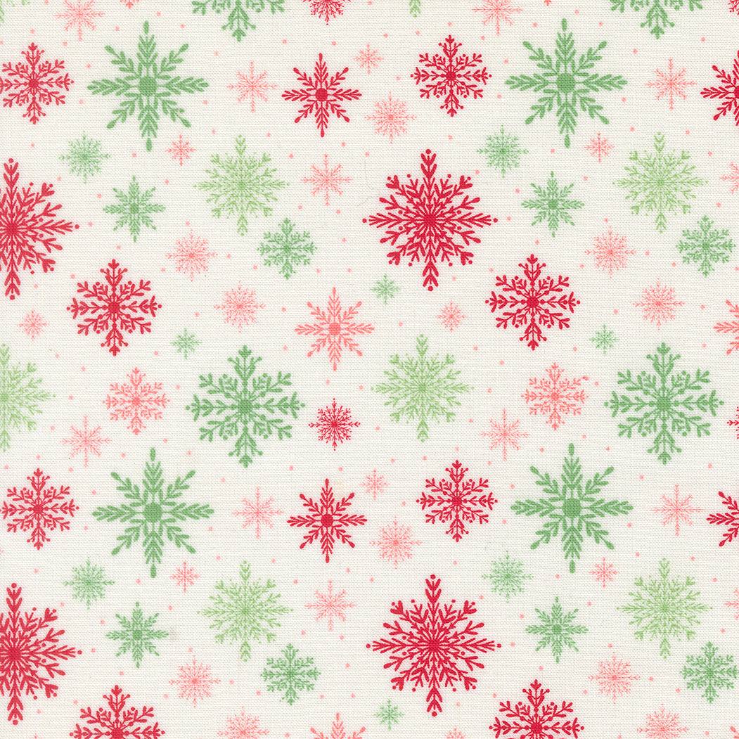 Sweetfire Road Merrily On High Christmas fabric with gingerbread, candy canes, poinsettias, holly, and snowflakes