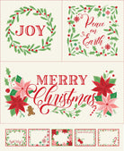 Sweetfire Road Merrily On High Christmas fabric panel with gingerbread, candy canes, poinsettias, holly, and snowflakes