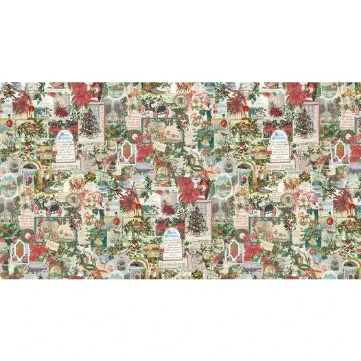 Candlelight Christmas fabric collage by 3 Sisters for Moda Fabrics featuring cozy holiday designs sold in half-yard increments