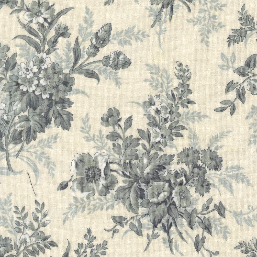 Breathtaking Blues Bouquets Porcelain fabric by 3 Sisters featuring soft sky tones, deep navy, and delicate florals