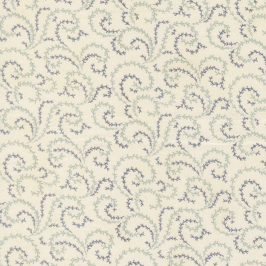 Breathtaking Blues Vine Porcelain fabric by 3 Sisters with soft sky tones and navy florals, Moda Fabrics