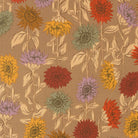 Close-up of Windfall Sunflower Field oatmeal fabric by Stephanie Sliwinski for Moda Fabrics showing autumn-inspired sunflower and leaf pattern