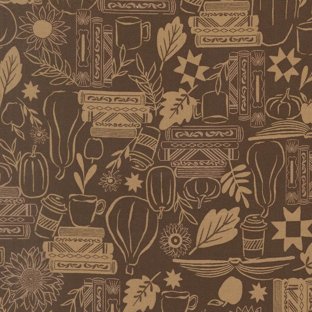 Windfall Cozy Up Coffee autumn fabric design with leaves and sunflowers by Stephanie Sliwinski for Moda Fabrics