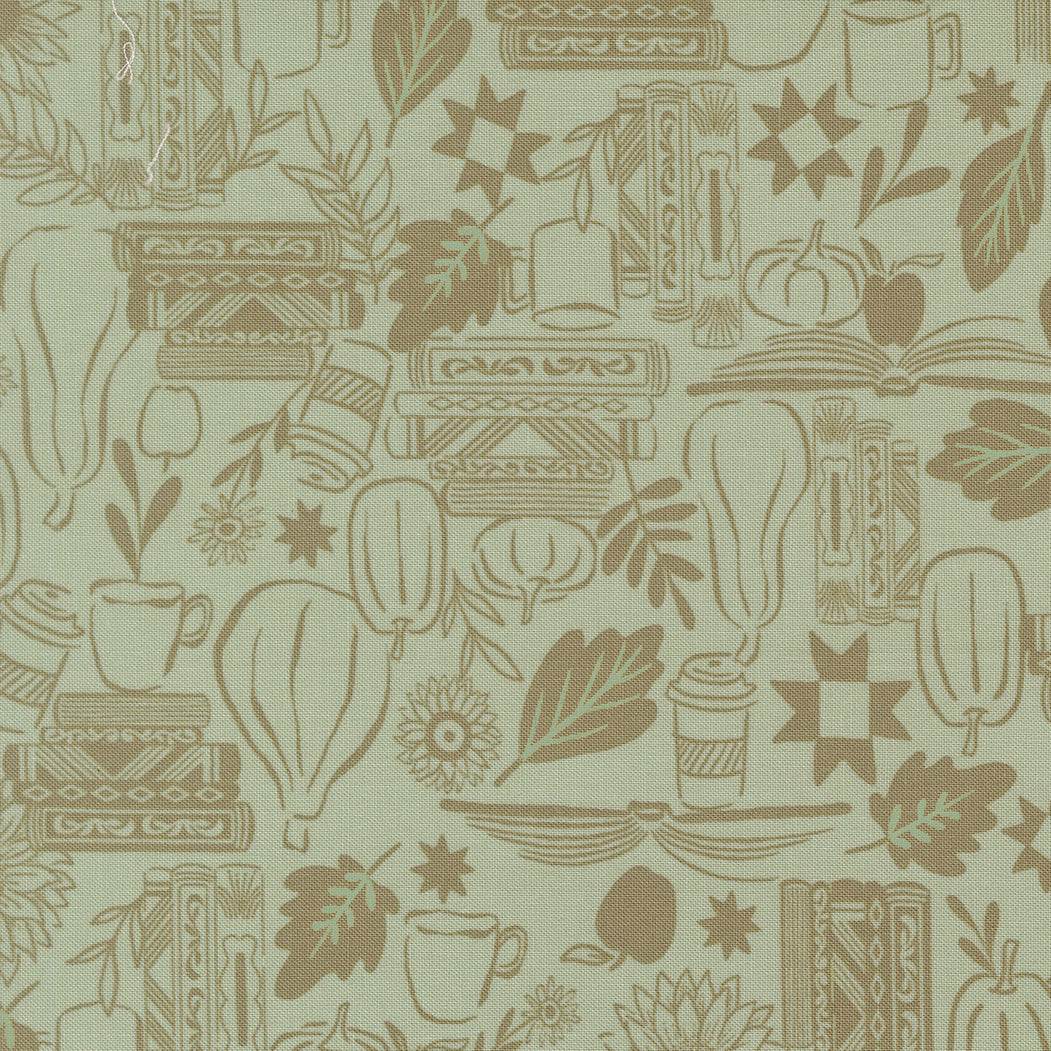 Windfall Cozy Up Aqua fabric by Stephanie Sliwinski showcasing autumn-inspired design with leaves and sunflowers