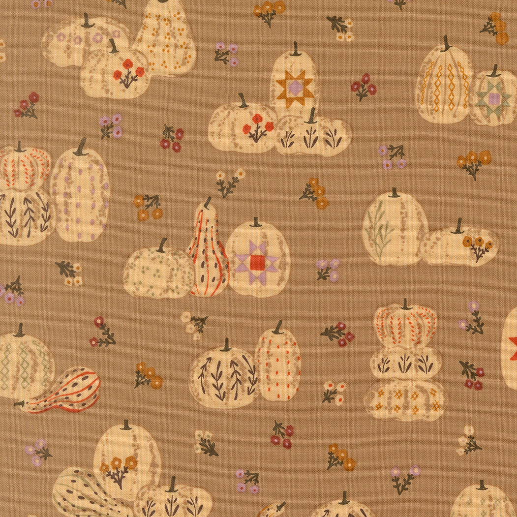 Windfall Pumpkin Patches oatmeal fabric with autumn leaves and pumpkins by Stephanie Sliwinski for Moda Fabrics
