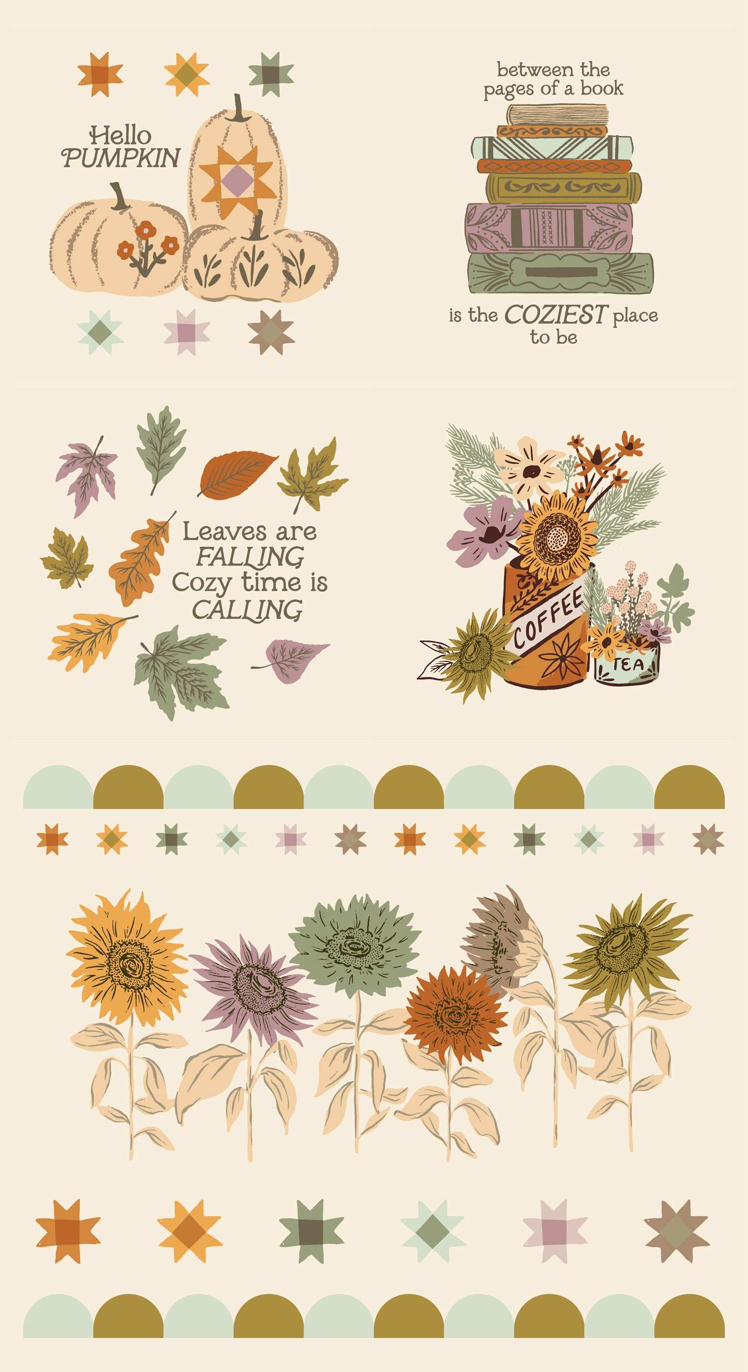 Windfall Panel autumn fabric design with sunflowers, falling leaves, and pumpkins by Stephanie Sliwinski for Moda Fabrics
