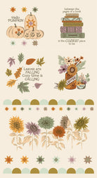Windfall Panel autumn fabric design with sunflowers, falling leaves, and pumpkins by Stephanie Sliwinski for Moda Fabrics
