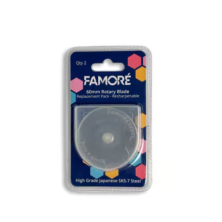 Famore 60mm rotary blade replacement pack with high-grade Japanese SKS-7 steel, 2 blades for fabric cutting.