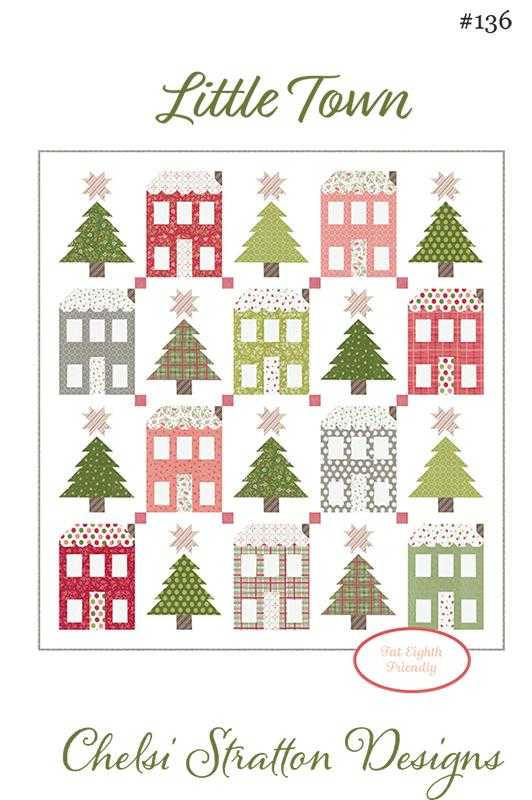 Little Town Quilt Pattern featuring cottages and pine trees by Chelsi Stratton Designs, 61" x 65.5" Christmas quilt pattern