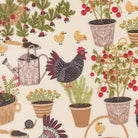 The Henhouse Chicken Garden Cloud fabric by Gingiber in warm country colors featuring hens, chicks, and eggs