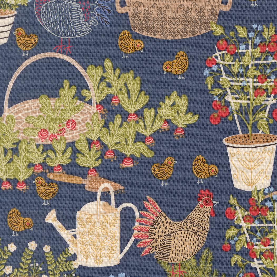 The Henhouse Chicken Garden Denim fabric by Gingiber for Moda Fabrics with rustic chicken and barnyard prints