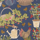 The Henhouse Chicken Garden Denim fabric by Gingiber for Moda Fabrics with rustic chicken and barnyard prints