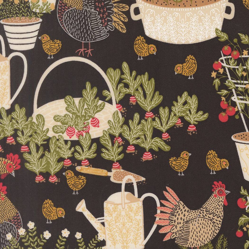 The Henhouse Chicken Garden Iron fabric by Gingiber for Moda Fabrics with barnyard chickens and eggs pattern