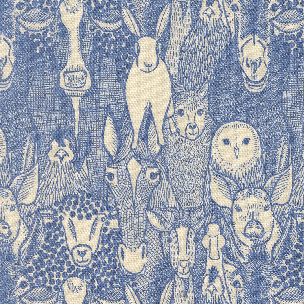 The Henhouse Barnyard Faces Cobalt fabric by Gingiber for Moda Fabrics with rustic chicken and barnyard prints