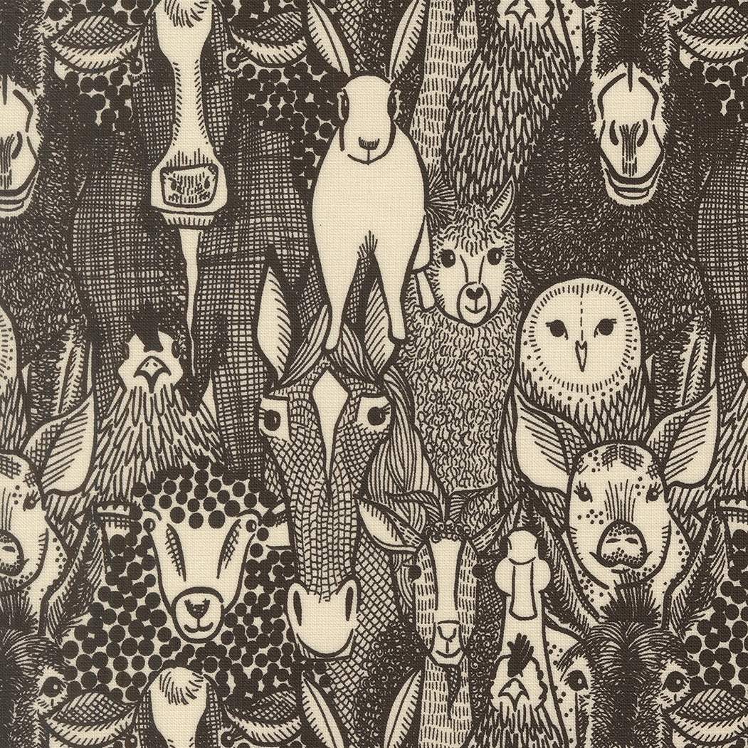 The Henhouse Barnyard Faces Iron fabric by Gingiber for Moda Fabrics featuring rustic chicken and barnyard designs