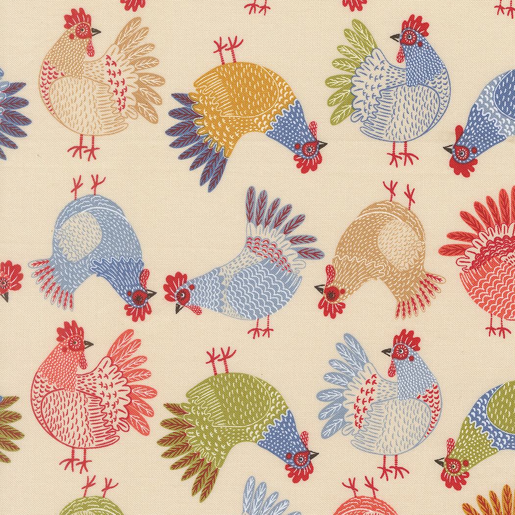 The Henhouse Tossed Chickens fabric by Gingiber for Moda Fabrics with playful chicken and chick patterns on a cloud background